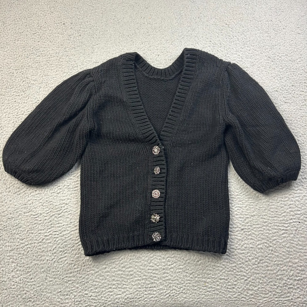 Bash ba&sh Castille Puff-Sleeve Cardigan Sweater Women 1 Black Rhinestone Button